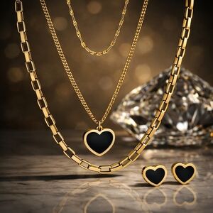18K Gold Plated Stainless Steel Triple Layer Heart Necklace And Earrings Set